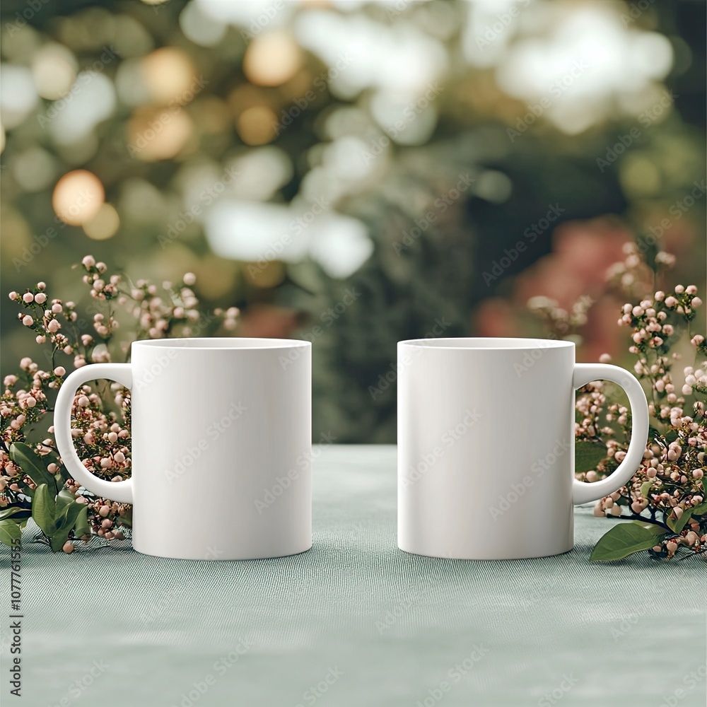 two 11onz white mug mockup with a cute realistic background, for a promotional campain .generative ai two 11onz white mug mockup with a cute realistic background, for a promotional campain .generative ai