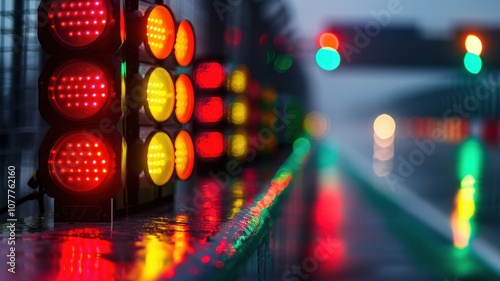 The starting lights illuminate the Sochi Autodrom track during a rainy evening, creating a vibrant and atmospheric scene for motorsport events. photo