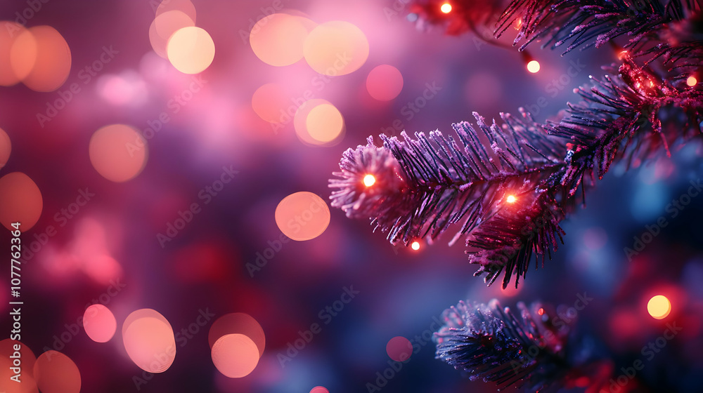 Frosted Pine Branch with Warm Lights Abstract Background