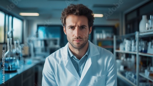 A young European man in a lab coat poses thoughtfully in a well-equipped laboratory. This portrait captures his serious expression, reflecting dedication to science and research.