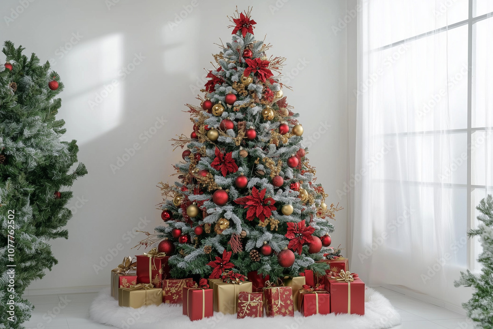 Beautifully decorated Christmas tree with red and gold ornaments and gifts underneath
Beautifully decorated Christmas tree with red and gold ornaments and gifts underneath