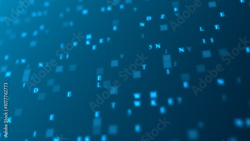 Blue glowing letters and numbers matrix abstract background, horizontal composition. Technology background.