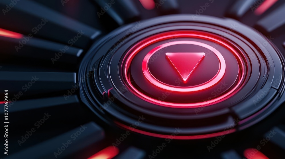 A close-up of a circular control button featuring a red triangle in the center, illuminated with soft surrounding lights, suggesting functionality and modern design. A close-up of a circular control button featuring a red triangle in the center, illuminated with soft surrounding lights, suggesting functionality and modern design.