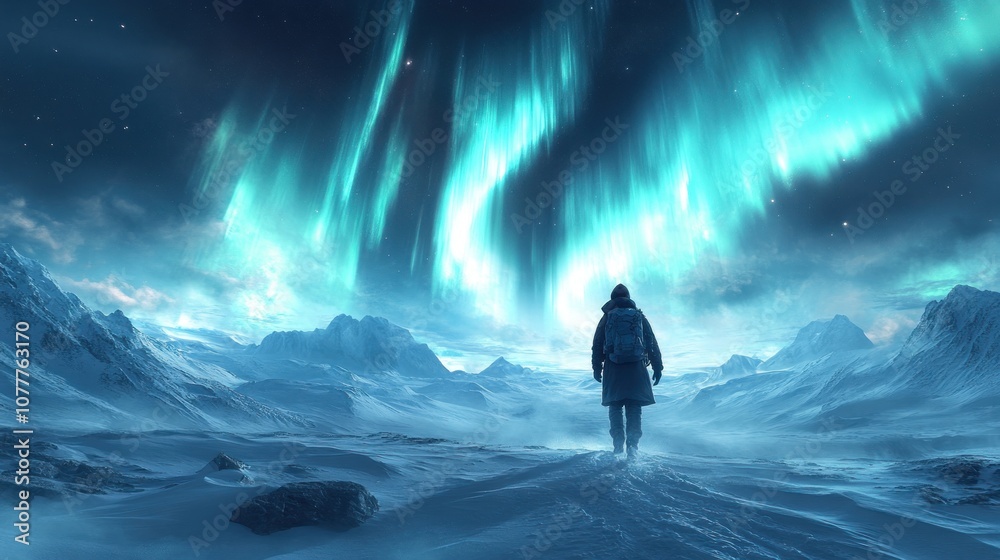 A lone figure stands under the vibrant northern lights in a snowy landscape. A lone figure stands under the vibrant northern lights in a snowy landscape.
