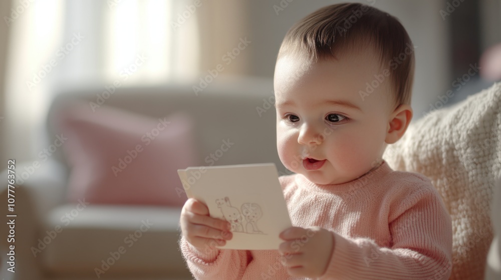 Baby Examining Flashcards with Animal Illustrations Baby Examining Flashcards with Animal Illustrations