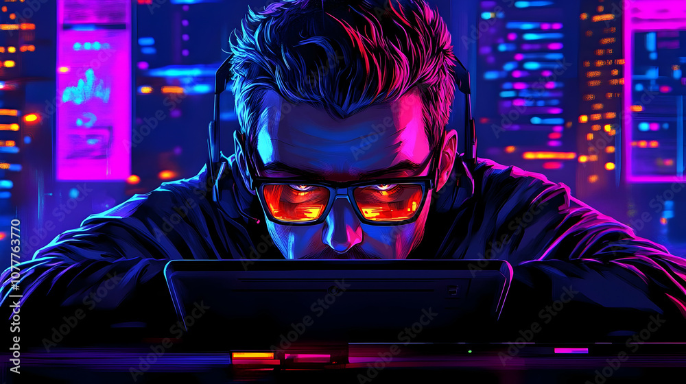 Cyberpunk Illustration of Man in Neon Lights Cyberpunk Illustration of Man in Neon Lights