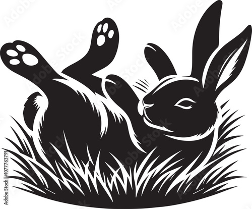 Playful rabbit rolling in the grass vector silhouette design