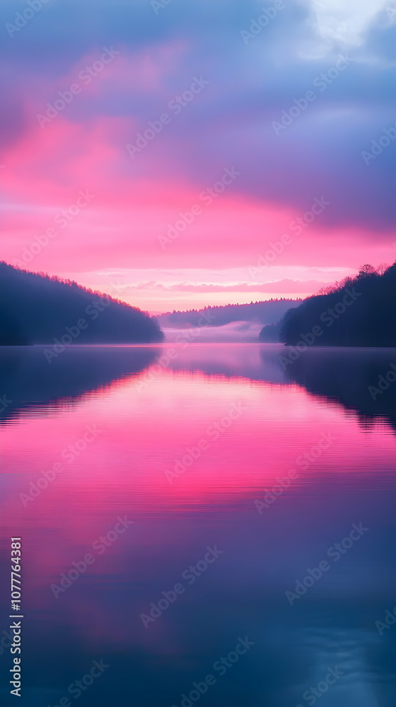 A serene lake reflecting a vibrant pink and blue sunrise. A serene lake reflecting a vibrant pink and blue sunrise.