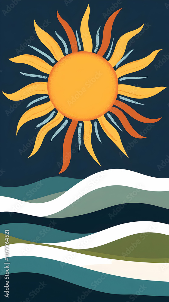 A stylized sun shining over stylized ocean waves with a dark blue background. A stylized sun shining over stylized ocean waves with a dark blue background.
