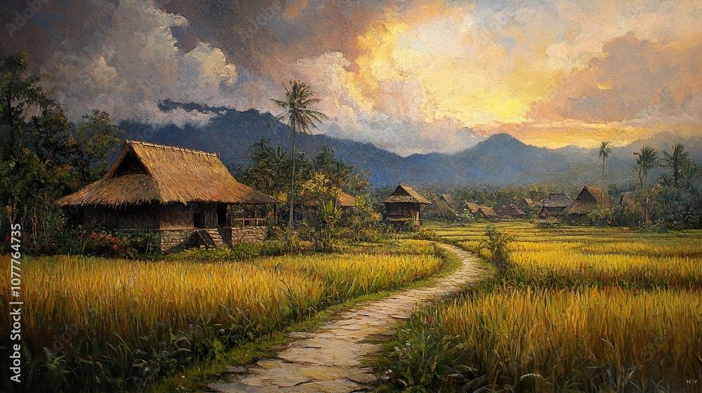 Tranquil Sunset Over Rice Paddies and Traditional Houses in a Rural Landscape Tranquil Sunset Over Rice Paddies and Traditional Houses in a Rural Landscape