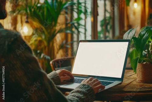 Close-up of person using laptop in cozy, well-lit cafe with blank screen photo