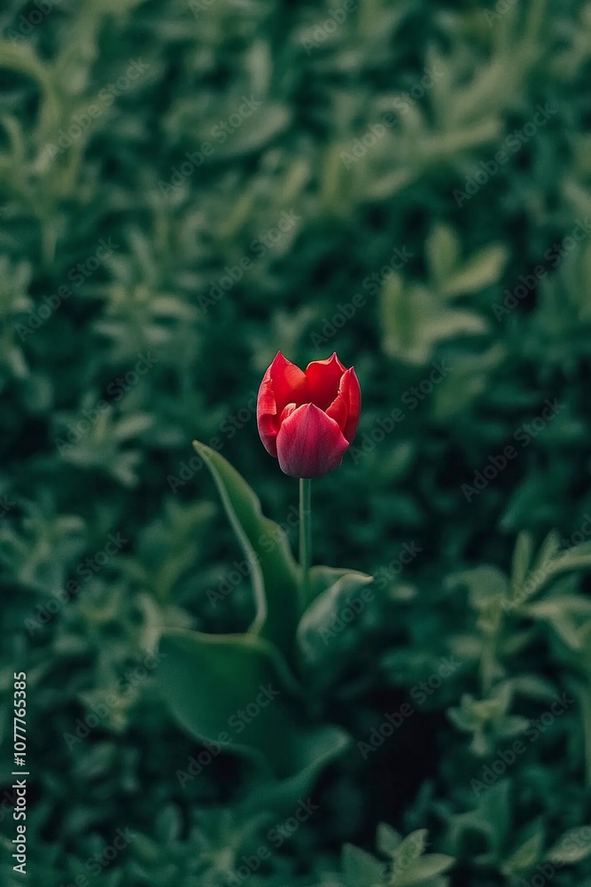 Obraz premium A blooming red tulip with a blurred green background, aerial photography. High definition, generative ai