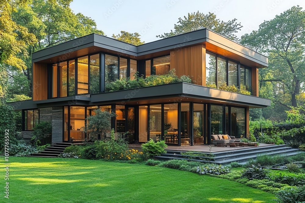 a stunning modern house with a sleek facade and warm wooden accents surrounded by lush greenery and a clear blue sky showcasing innovative architectural design and comfort a stunning modern house with a sleek facade and warm wooden accents surrounded by lush greenery and a clear blue sky showcasing innovative architectural design and comfort