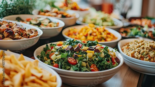 Fresh and Colorful Salad Bar Display Featuring Variety of Vegetables, Fruits, and Grains on a Wooden Table for Healthy Eating and Culinary Delights