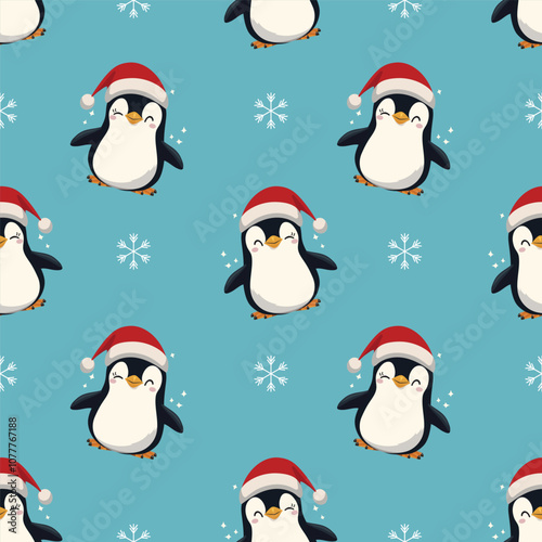 seamless pattern of cute santa penguin