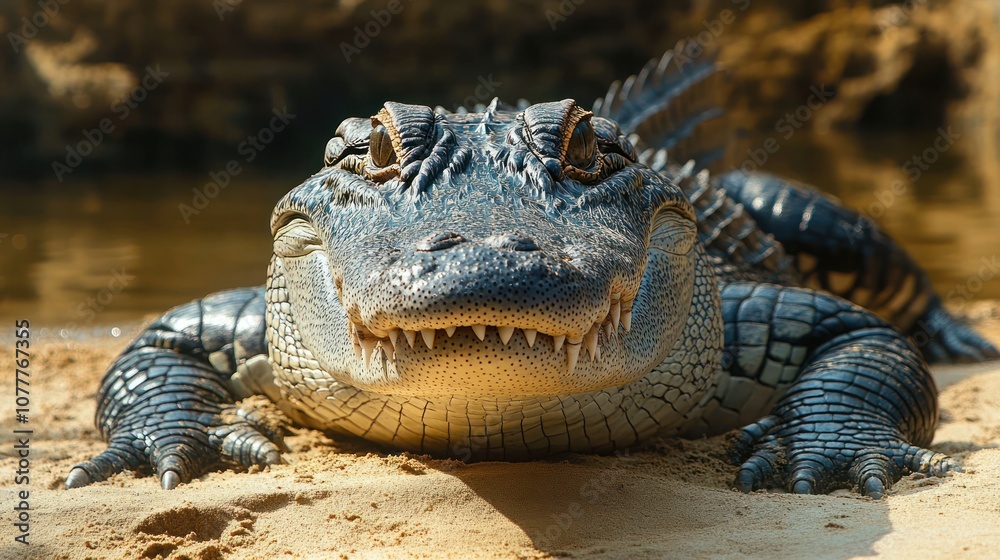 Fototapeta premium Close-up of a crocodile basking on a sandy riverbank.