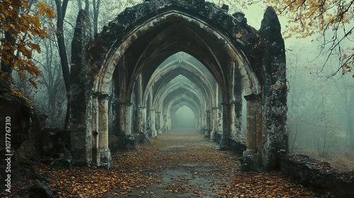 Mystical Stone Archway Leading Through a Foggy Forest