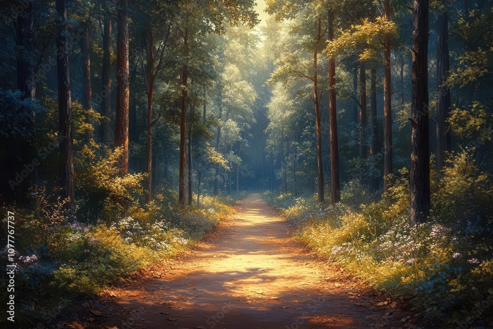 Fototapeta premium a tranquil forest path bordered by tall trees and dappled sunlight filtering through the leaves inviting exploration and a sense of peace within natures embrace