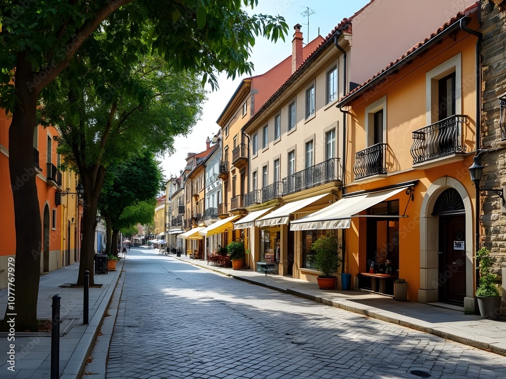 Obraz premium Cobblestone Street European Cityscape With Sunlit Buildings. Generated AI