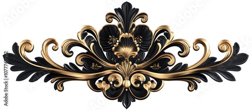 Decorative black and gold ornament with elaborate detailing and symmetrical layout 