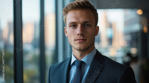 A portrait of a young Caucasian man wearing a suit and tie, exuding confidence and professionalism. Captured in a modern indoor setting with a soft background.