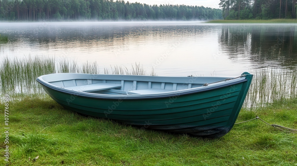 Serene Fishing Boat on Foggy Lake at Dawn Serene Fishing Boat on Foggy Lake at Dawn