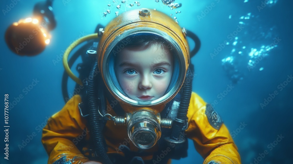 Young boy wearing a diving suit underwater. Young boy wearing a diving suit underwater.