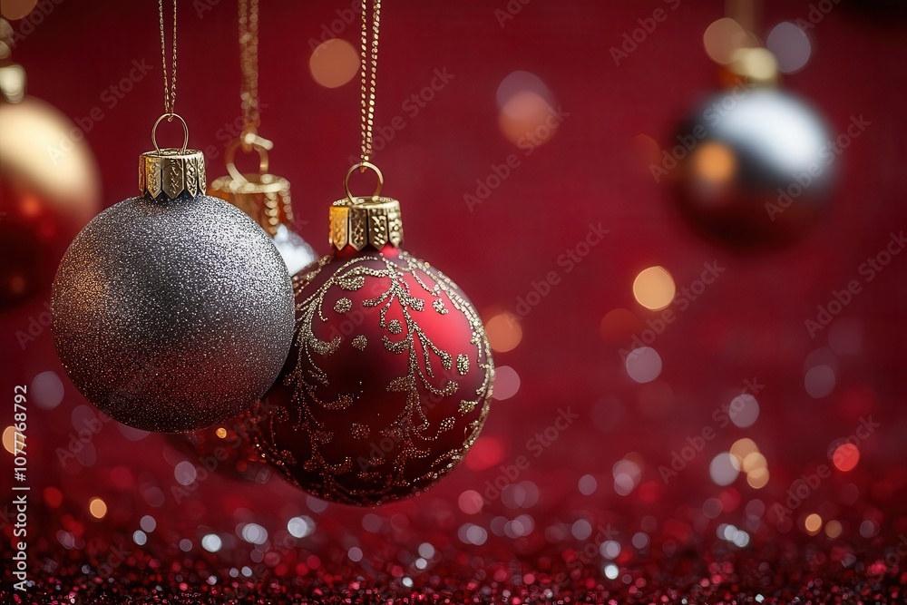 a vibrant and festive wallpaper featuring gold red and silver christmas ornaments hanging on a rich red background evoking the spirit of the holiday season