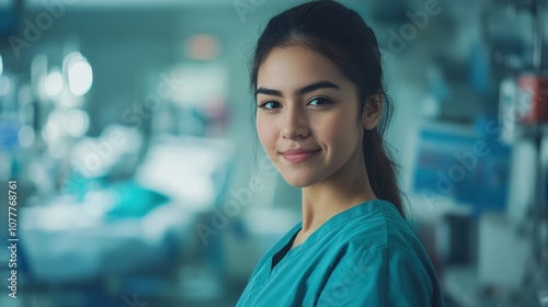 A young Hispanic woman in scrubs smiles confidently in a medical environment, showcasing professionalism and dedication to healthcare. Perfect for health-related themes.