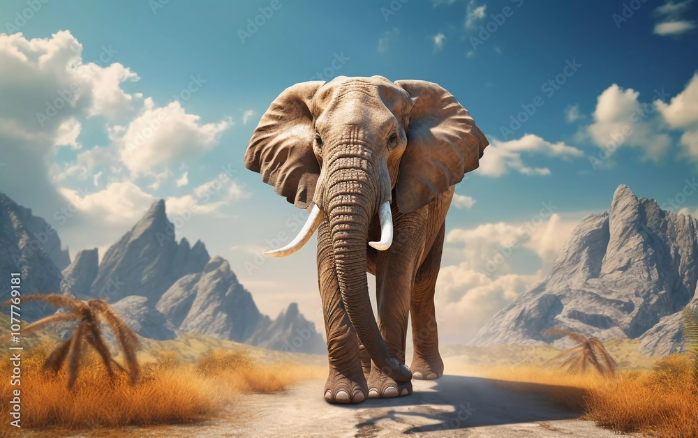 Fototapeta premium A majestic elephant walking along a road in a scenic landscape with mountains and clouds.