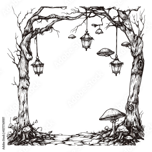 Forest Scene with Hanging Lanterns - Mystical Line Art