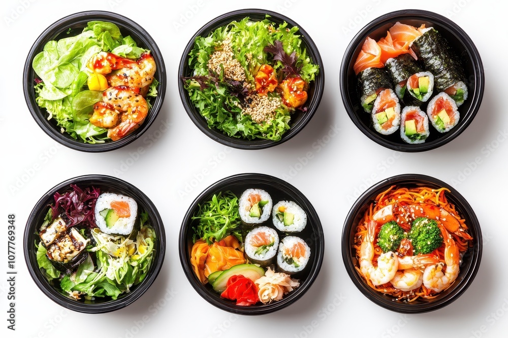 Collection of six bowls with colorful and healthy meals on white background Collection of six bowls with colorful and healthy meals on white background