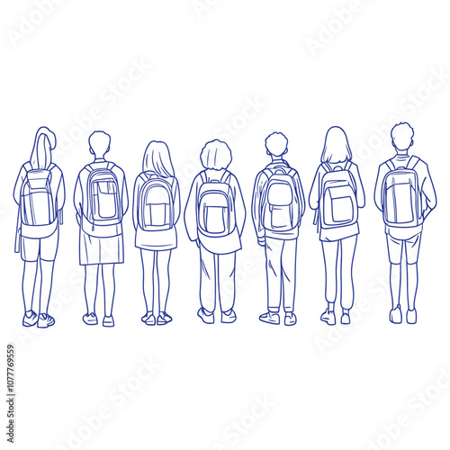 Group of Backpacks - Blue Tone Minimalist Line Art