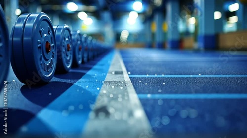 A row of dumbbells sits on a blue gym floor, with water droplets visible, showcasing an inviting space for strength training and fitness activities during the day