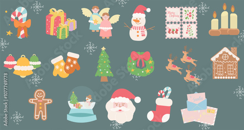 Festive Christmas elements and decorations. Vector illustrations.