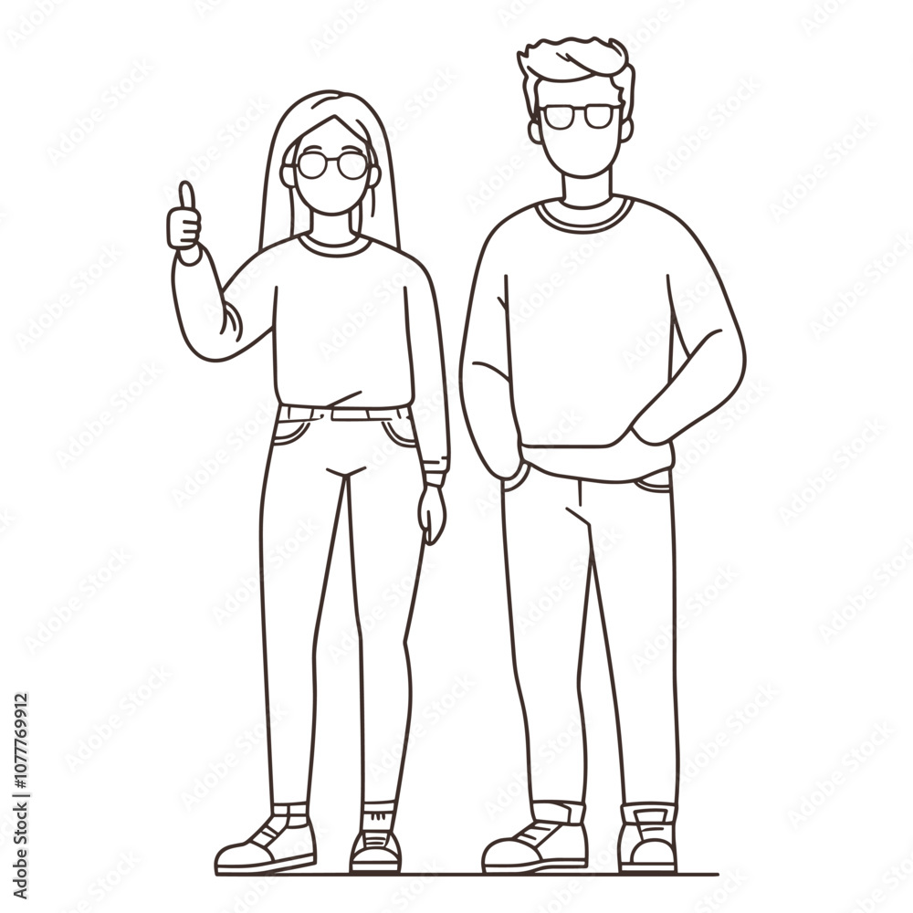 Fototapeta premium Couple Taking a Photo Together - Outline Style Line Drawing