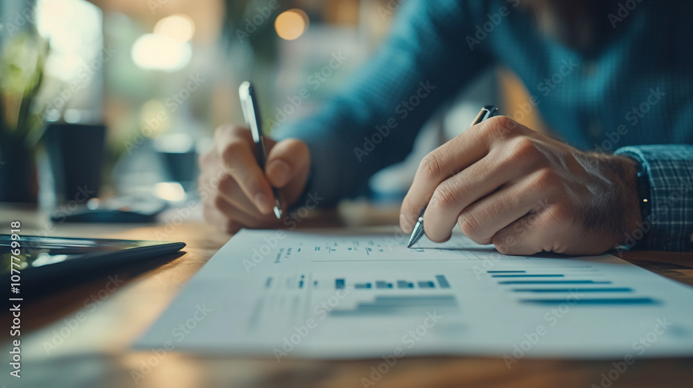 Business professional analyzing charts and graphs while preparing a report in a modern office Business professional analyzing charts and graphs while preparing a report in a modern office