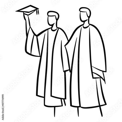 Two Graduates Celebrating in Cap and Gown - Simple Outline Sketch