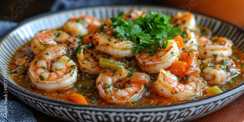 Delicious Shrimp Dish in Spicy Mexican Sauce with Fresh Herbs in Decorative Bowl Perfect for Seafood Lovers and Gourmet Enthusiasts Seeking Flavorful Recipes