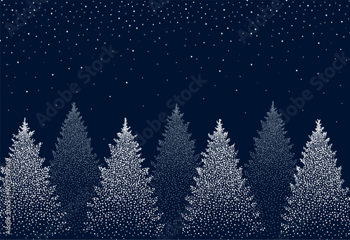 Winter backgroung. It's snowing over the pine trees in the winter night. Landscape with pines trees and snow. Christmas bachground.