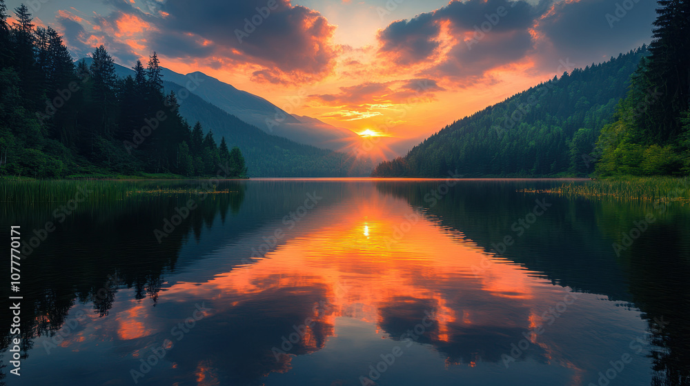 serene mountain lake reflecting stunning sunset with vibrant colors. still water captures beauty of nature, surrounded by lush trees and majestic mountains serene mountain lake reflecting stunning sunset with vibrant colors. still water captures beauty of nature, surrounded by lush trees and majestic mountains