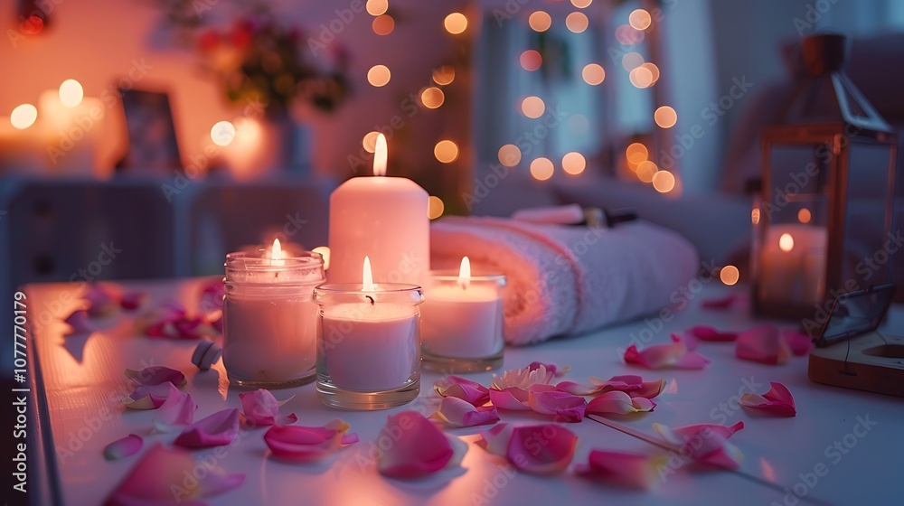 A romantic spa night at home with candles, essential oils, and a relaxing atmosphere for a Valentine's Day date. A romantic spa night at home with candles, essential oils, and a relaxing atmosphere for a Valentine's Day date.