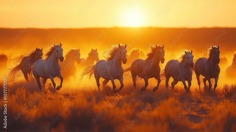 Galloping wild horses run across plain at golden hour, creating stunning silhouette against vibrant sunset. Their powerful movement evokes sense of freedom and beauty Galloping wild horses run across plain at golden hour, creating stunning silhouette against vibrant sunset. Their powerful movement evokes sense of freedom and beauty