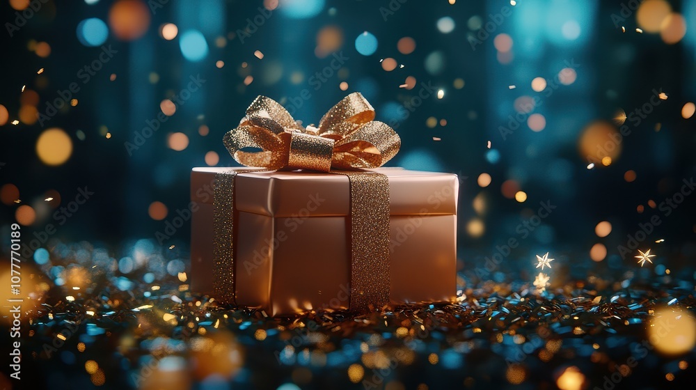 Elegant and Luxurious Gift Box with Satin Bow on a Glittering Background, Perfect for Celebrating New Year's or Special Occasions, Capturing the Essence of Giving and Celebration