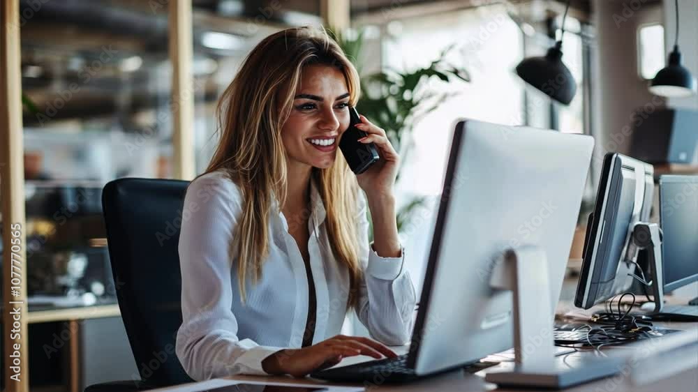 A woman is talking on her cell phone while sitting at a desk with a computer mon