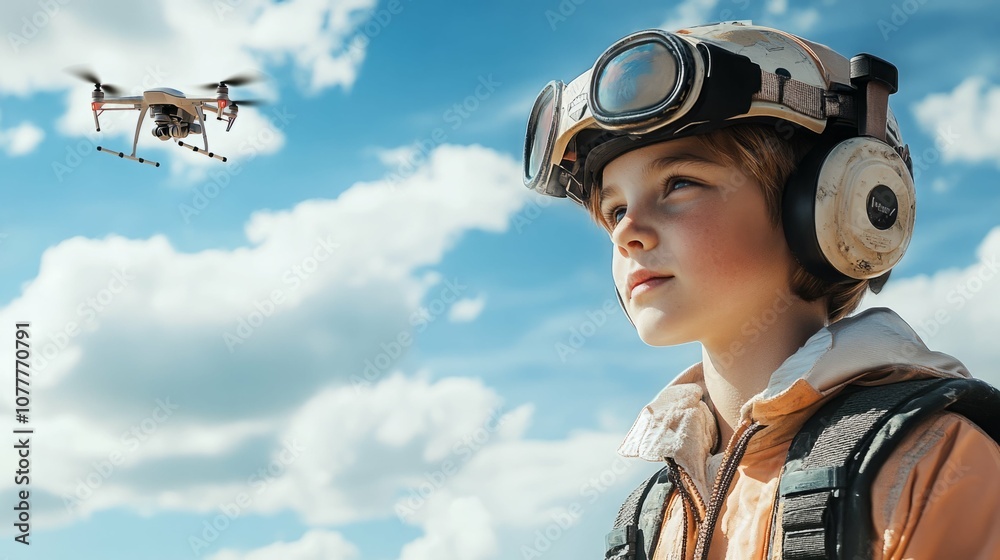 Young boy in aviator helmet watches drone fly overhead. Young boy in aviator helmet watches drone fly overhead.