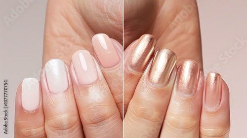 Close up shot of a woman s well manicured hands displaying elegant rose gold and pale pink nail polish with intricate nail art designs highlighting the beauty style photo