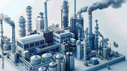 A large industrial complex featuring multiple smokestacks, refining equipment, and storage tanks operates efficiently during daylight hours, emitting smoke into the air