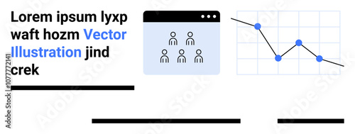 A web browser window displaying a team icon and a line graph with data points connected by lines. Ideal for web design, data visualization, business reports, presentations, team management, user