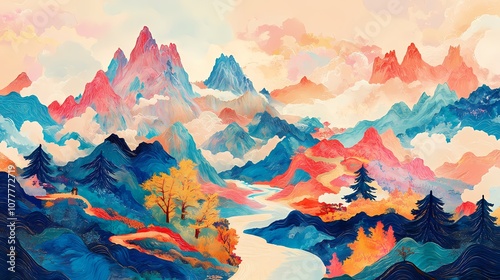 Traditional colorful mountain scenery illustration poster background